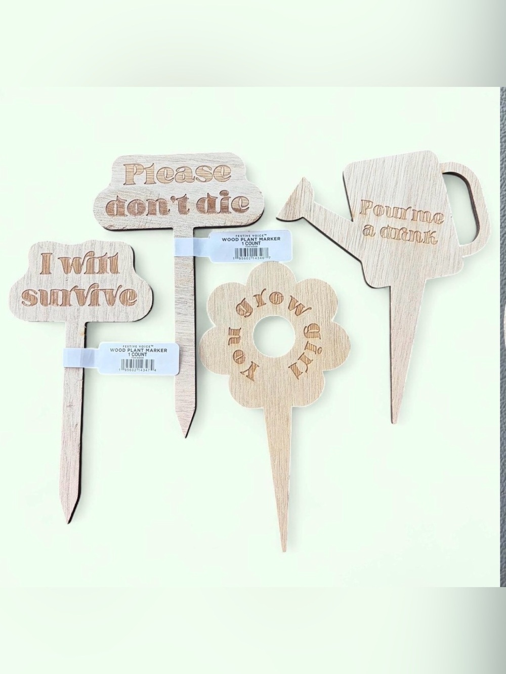 NWT Set of 4 Humorous Wooden Plant Markers, Engraved, Great for Gifting!